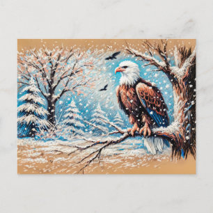 Carte Postale Aigle assis sur un arbre pendant une chute de neig