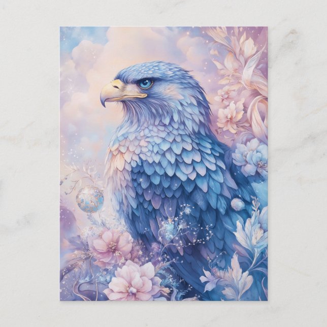 Carte Postale Aigle Bleu avec Fleur Rose et Violette (Devant)