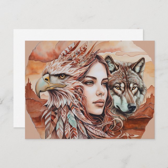 Carte Postale Aigle - Femme - Loup - aquarelle art 1 - Amusants (Devant / Derrière)