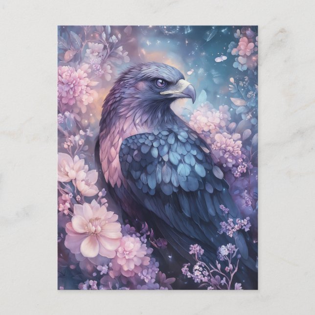 Carte Postale Aigle pourpre avec fleur rose et lavande (Devant)