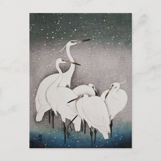 Carte Postale Aigrettes japonaises Grues Koson Neige d'hiver (Devant)