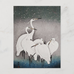 Carte Postale Aigrettes japonaises Grues Oiseau Hiver Neige Art