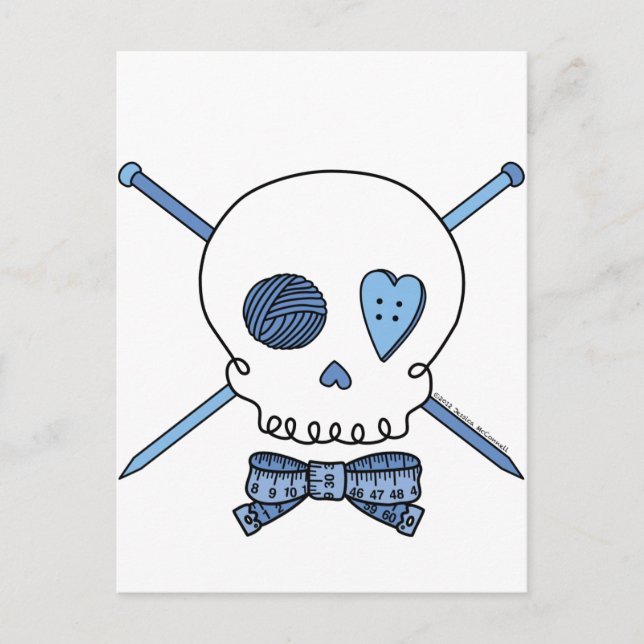 Carte Postale Aiguilles de crâne et de Tricot (bleu) (Devant)
