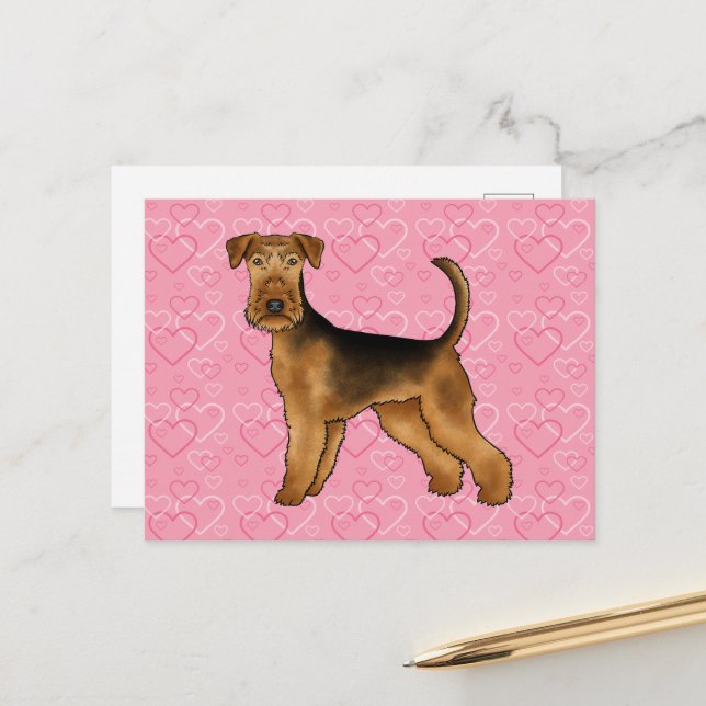 Carte Postale Airedale Terrier Chien Aimer Avec Motif Coeur Rose (Devant/Arrière en situation)