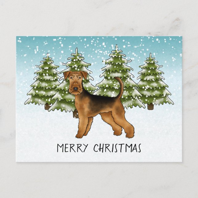 Carte Postale Airedale Terrier Chien Snowy Winter Forest Festive (Devant)