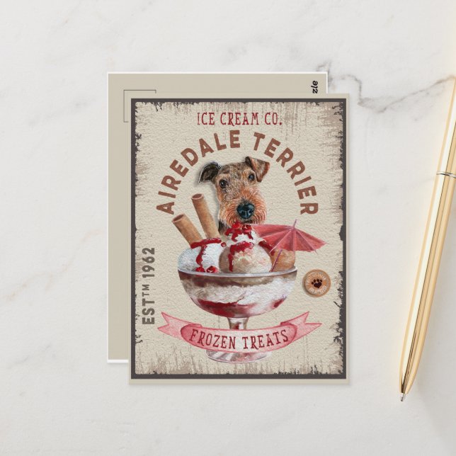 Carte Postale Airedale Terrier Crème glacée Funny Frozen Traitem (Devant/Arrière en situation)