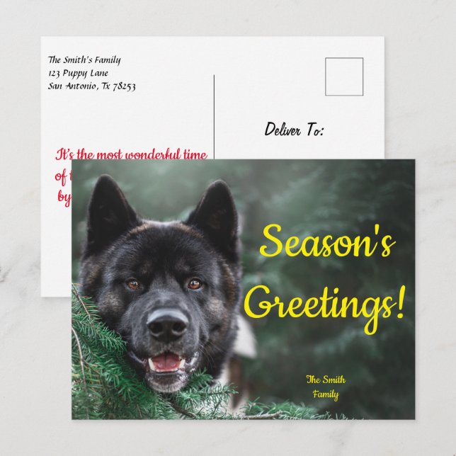 Carte Postale Akita Dog - Arbre de Noël Bonnes Fêtes (Devant / Derrière)