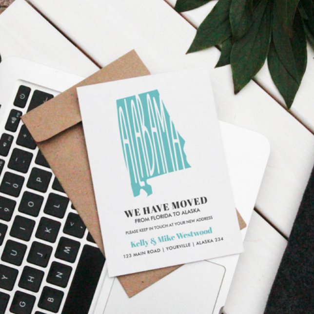Carte Postale ALABAMA Nous avons déménagé Nouvelle adresse Nouve (ANNOUNCE YOUR MOVING WITH THIS ELEGANT POSTCARD WITH ALABAMA STATE IN BLUE EDITABLE COLOR)