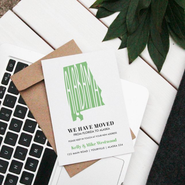 Carte Postale ALABAMA Nous avons déménagé Nouvelle adresse Nouve (ALABAMA STATE SILHOUETTE IN GREEN TO ANNOUNCE YOUR MOVING OR RELOCATION IN THIS FANTASTIC USA STATE)