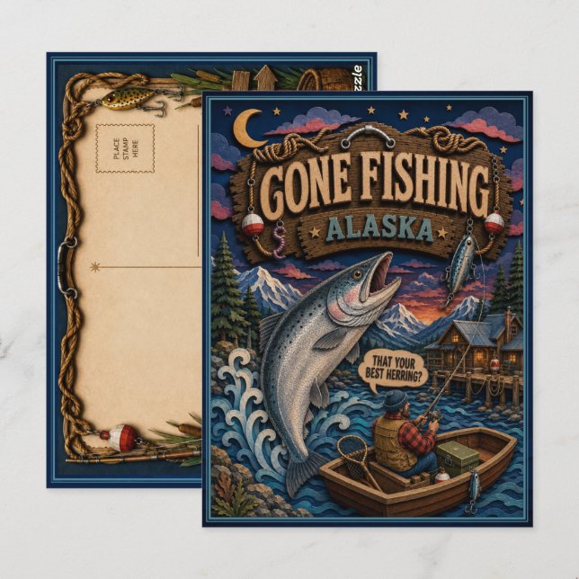 Carte Postale Alaska Parti à la Pêche Saumon Royal Géant (Devant / Derrière)