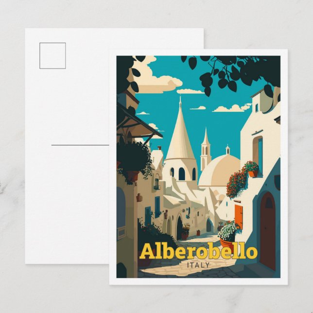 Carte Postale Alberobello Italie Illustration Vintage Voyage (Devant / Derrière)