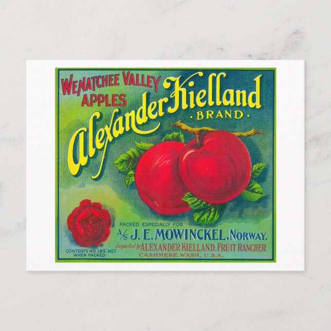 Carte Postale Alexander Kielland Apple Étiquette - Cashmere, WA (Devant)