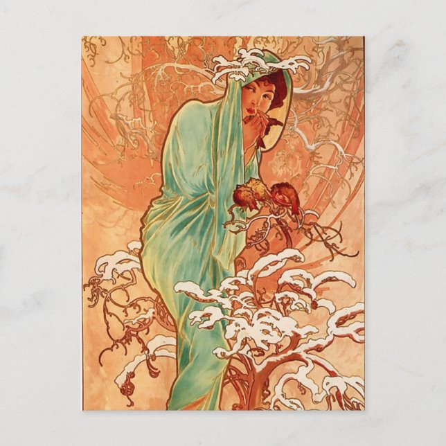 Carte Postale Alfons Mucha Art Nouveau Peinture d'hiver (Devant)