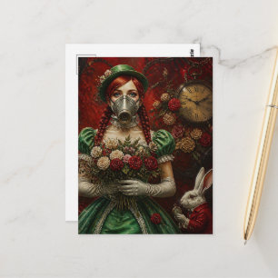 Carte Postale Alice aux cheveux roux en masque à gaz avec lapin 