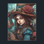 Carte Postale Alice dans un chapeau avec fleurs<br><div class="desc">Un magnifique steampunk Alice dans un chapeau haut avec des fleurs L'IA généré art</div>