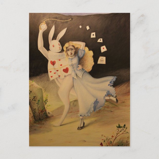 Carte Postale Alice et le lapin avec montre - Esquisse main (Devant)