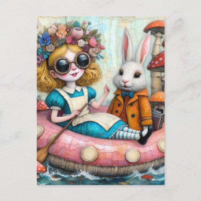 Carte Postale Alice et le lapin blanc collage encaustique (Devant)