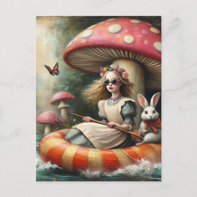 Carte Postale Alice et le lapin blanc flottant dans la rivière (Devant)