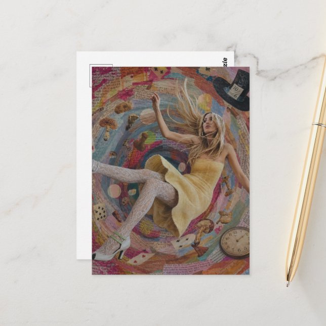 Carte Postale Alice Tombe dans le Trou de Lapin Collage Surréali (Devant/Arrière en situation)