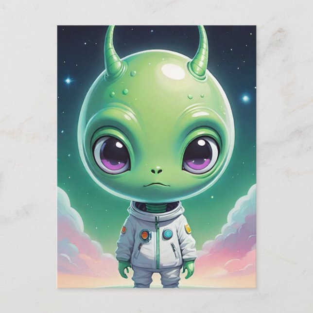 Carte Postale Alien à grand tête verte avec cornes (Devant)