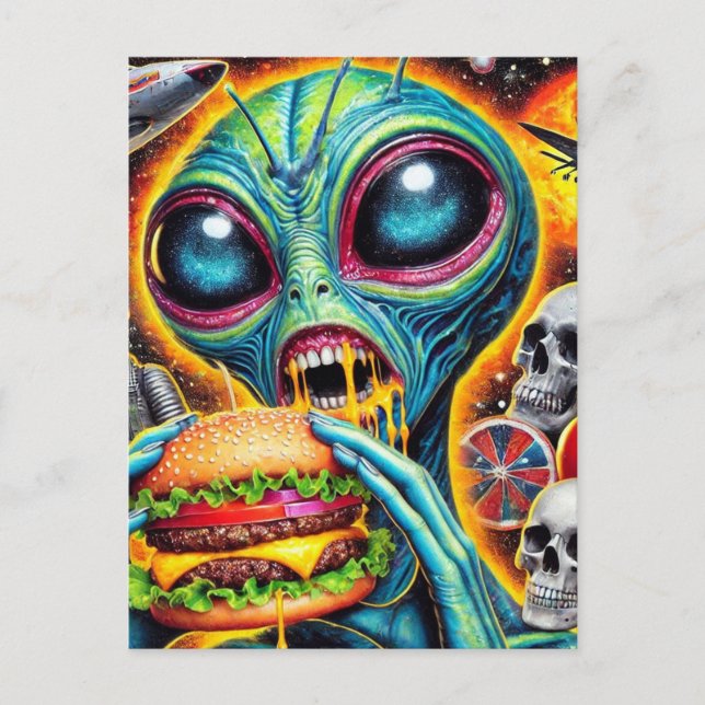 Carte Postale Alien amusant manger Cheeseburger (Devant)