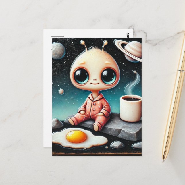 Carte Postale Alien bébé avec café et oeuf (Devant/Arrière en situation)