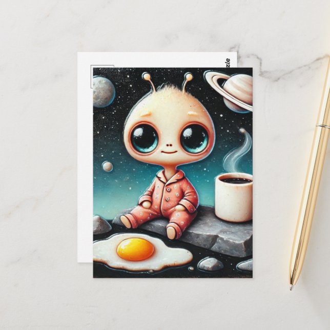 Carte Postale Alien bébé avec café et oeuf (Devant/Arrière en situation)