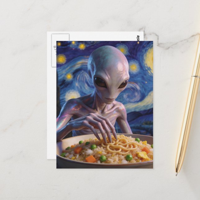 Carte Postale Alien bleu mangeant des nouilles et des légumes (Devant/Arrière en situation)