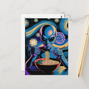 Carte Postale Alien Bleu Mangeant des Ramen