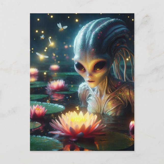 Carte Postale Alien dans un étang d'été brillant avec des fleurs (Devant)