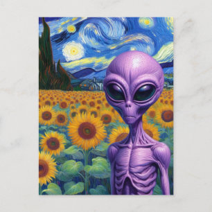 Carte Postale Alien dans un terrain de tournesol Faux Van Gogh
