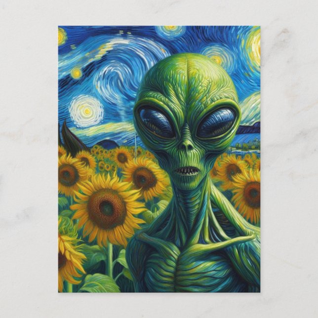 Carte Postale Alien dans un terrain de tournesol Faux Van Gogh (Devant)
