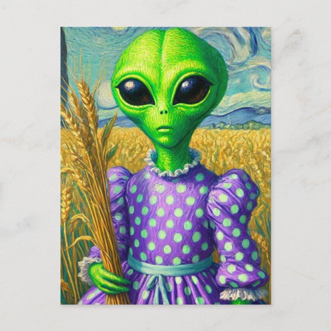 Carte Postale Alien dans une robe Polka Dot dans la campagne de  (Devant)