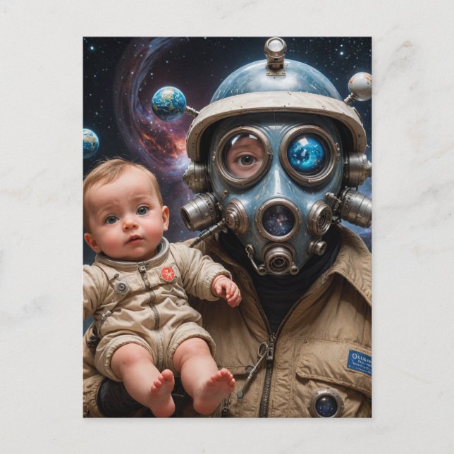 Carte Postale Alien de masque à gaz avec bébé dans l'espace (Devant)