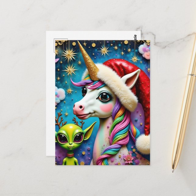 Carte Postale Alien de Noël et licorne (Devant/Arrière en situation)
