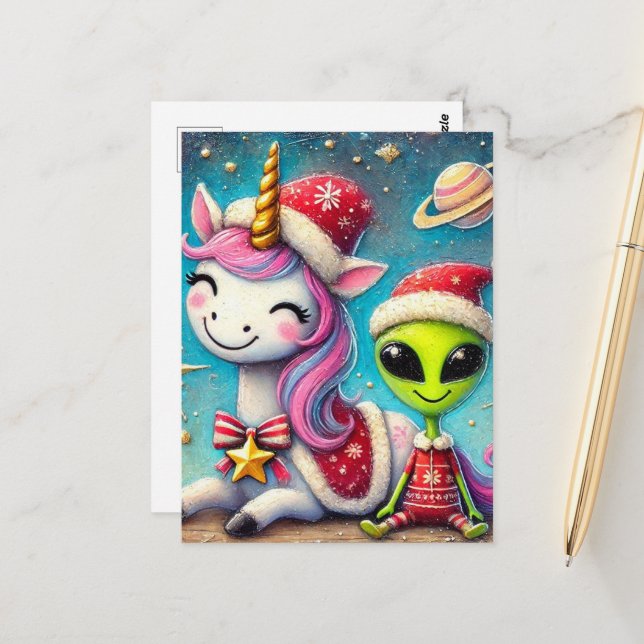 Carte Postale Alien de Noël festif et licorne (Devant/Arrière en situation)