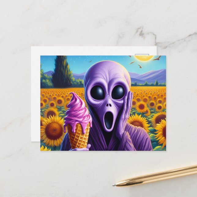 Carte Postale Alien Drôle Avec Glace Fondue Faux Van Gogh (Devant/Arrière en situation)