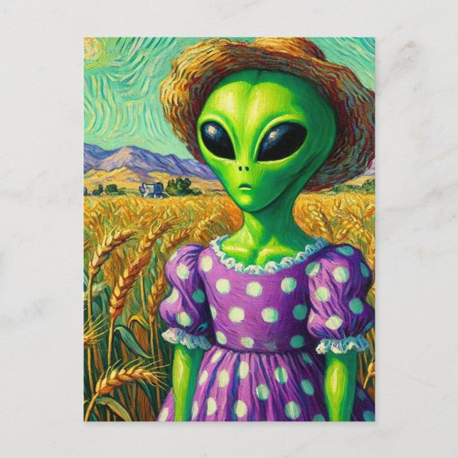 Carte Postale Alien en Casquette de paille et de robes à points  (Devant)