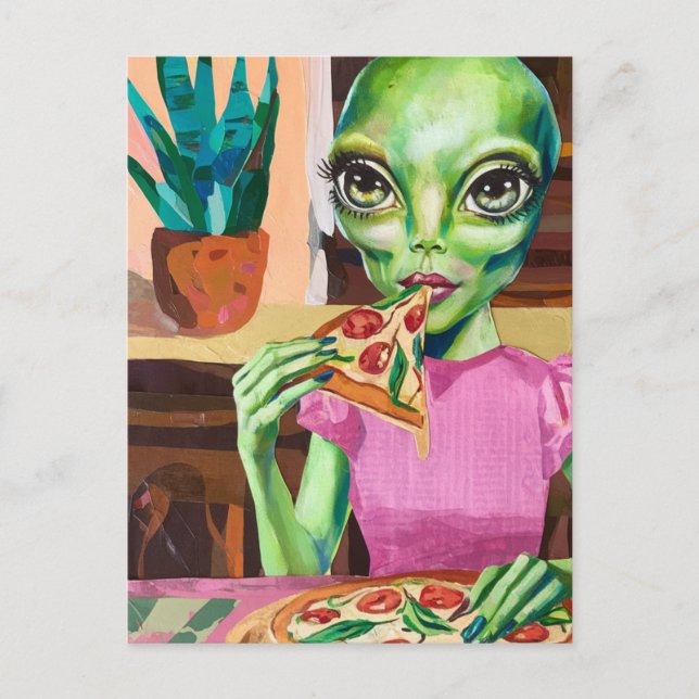 Carte Postale Alien en Pizza de Manger Rose (Devant)