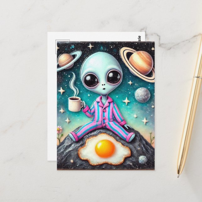Carte Postale Alien en PJ avec café et oeuf (Devant/Arrière en situation)