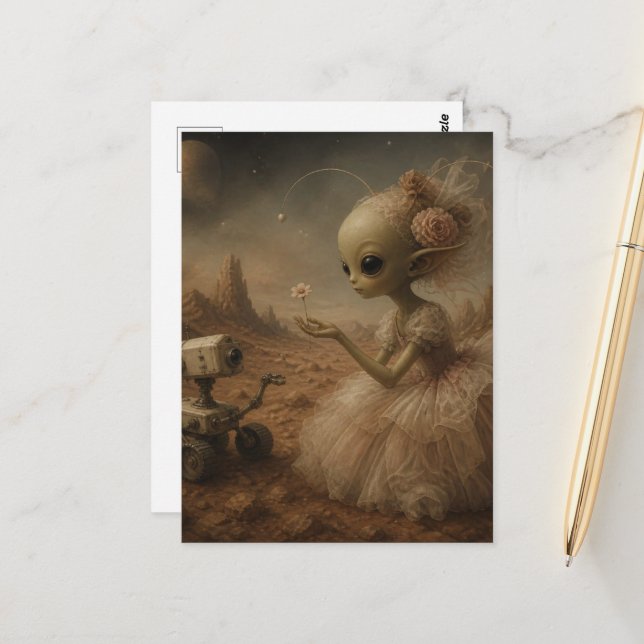 Carte Postale Alien et caméra robot Fantaisie adorable  (Devant/Arrière en situation)