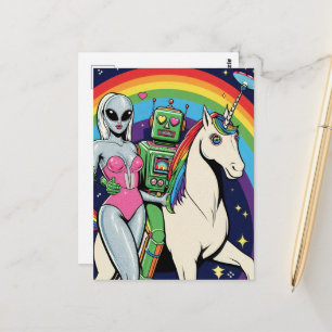 Carte Postale Alien et robot amoureux de leur licorne