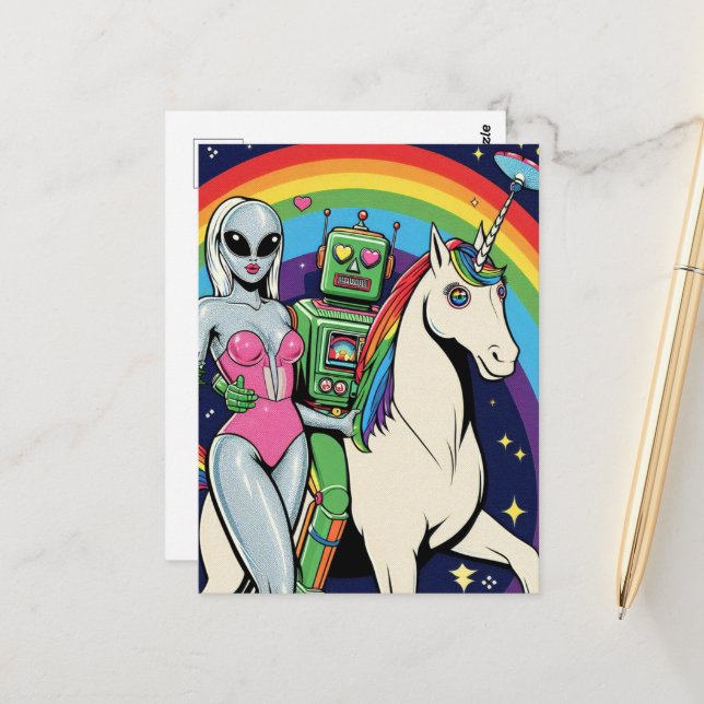 Carte Postale Alien et robot amoureux de leur licorne (Devant/Arrière en situation)