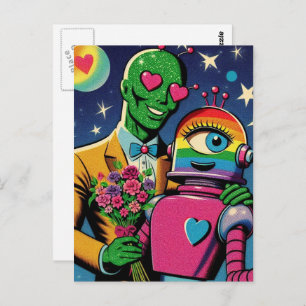 Carte Postale Alien et robot dans Love Retro Comic