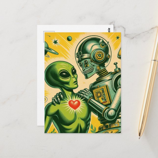 Carte Postale Alien et Robot Retro Love (Devant/Arrière en situation)