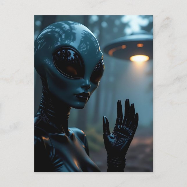 Carte Postale Alien extraterrestre féminin et OVNI (Devant)