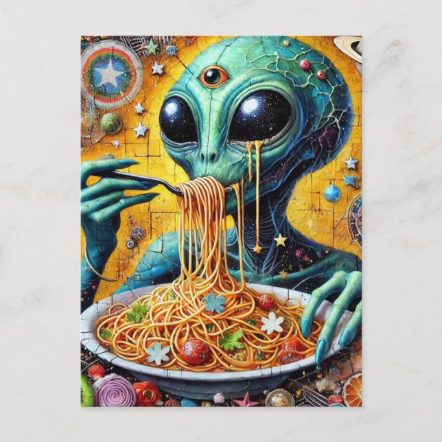 Carte Postale Alien fou mangeant Spaghetti (Devant)