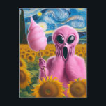 Carte Postale Alien hurlant tenant des bonbons de coton Tourneso<br><div class="desc">Un alien rose tenant des bonbons de coton et hurlant dans un champ de tournesol L'IA a généré de l'art</div>