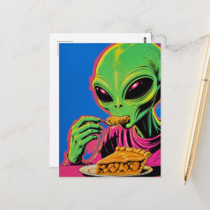 Carte Postale Alien Mange Tarte aux Pommes Pop Art
