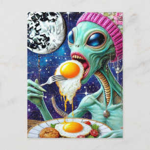 Carte Postale Alien Mangeant des oeufs frits